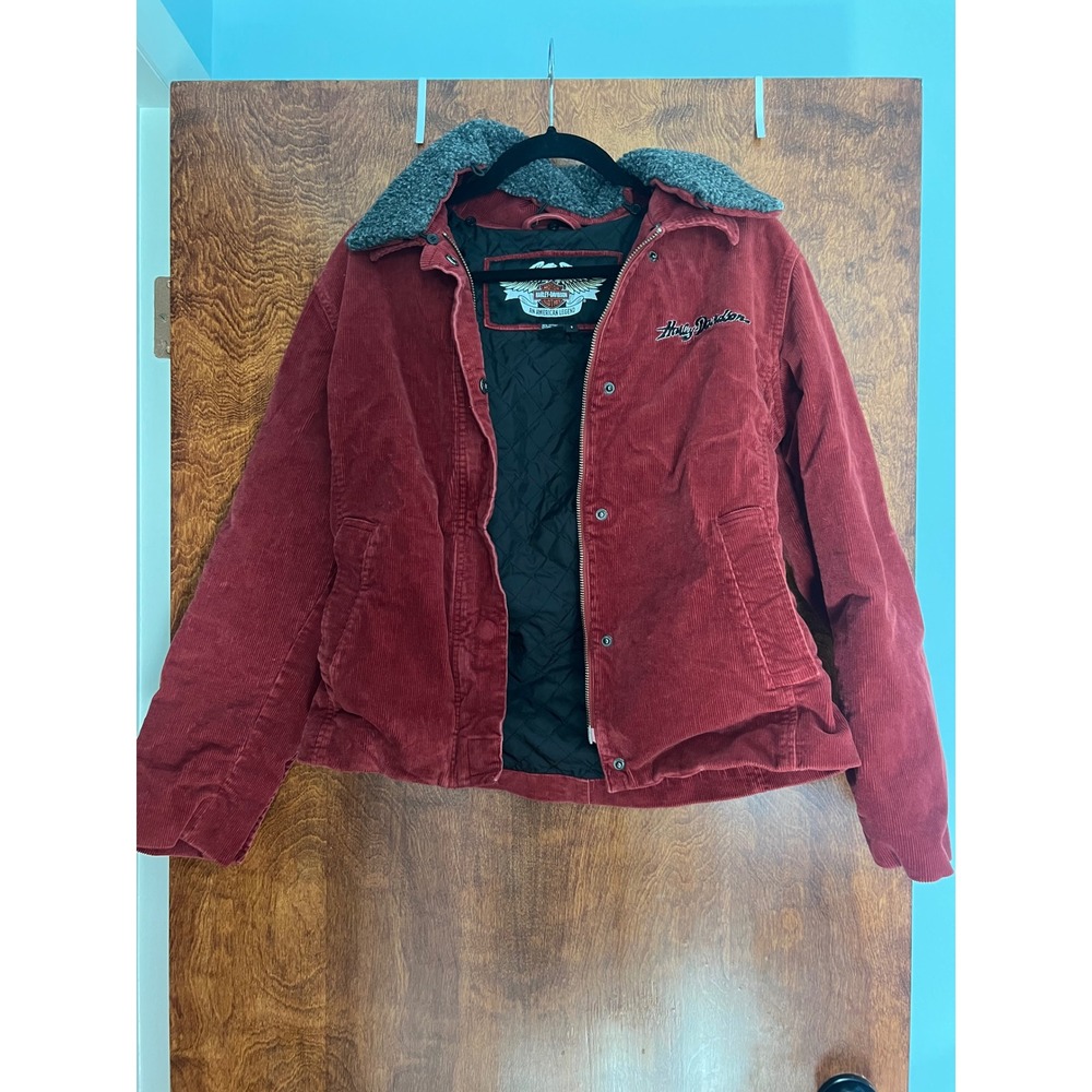 Harley Davidson Corduroy Jacket Women Small Red Good Sherpa Trim Quilted Lined